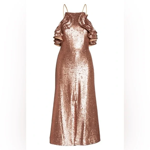 NWT C/MEO Collective Illuminated Sequin Ruffle Midi Dress | Copper Rose Gold | S - Picture 5 of 12